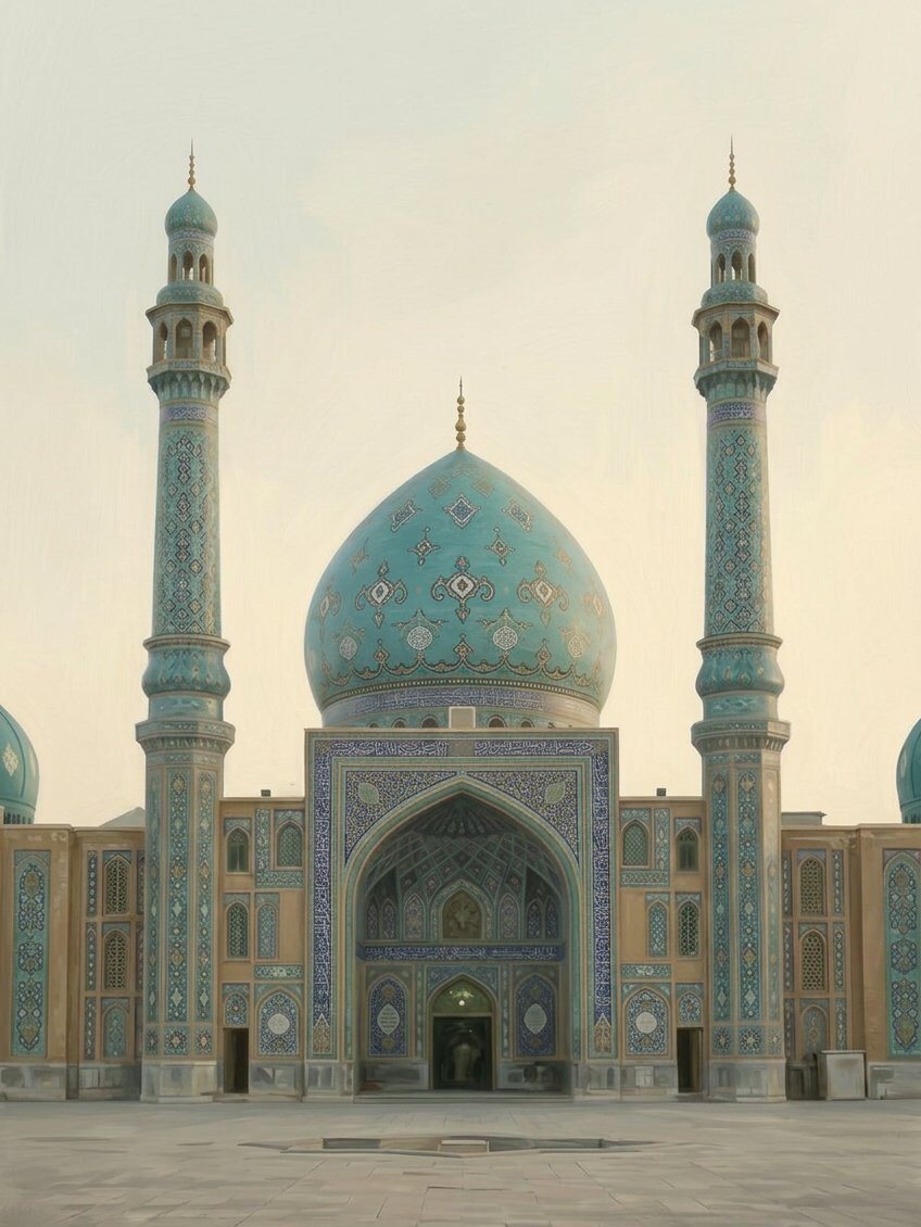 The turquoise dome and minarets of the Jamkaran Mosque under a soft dusk sky