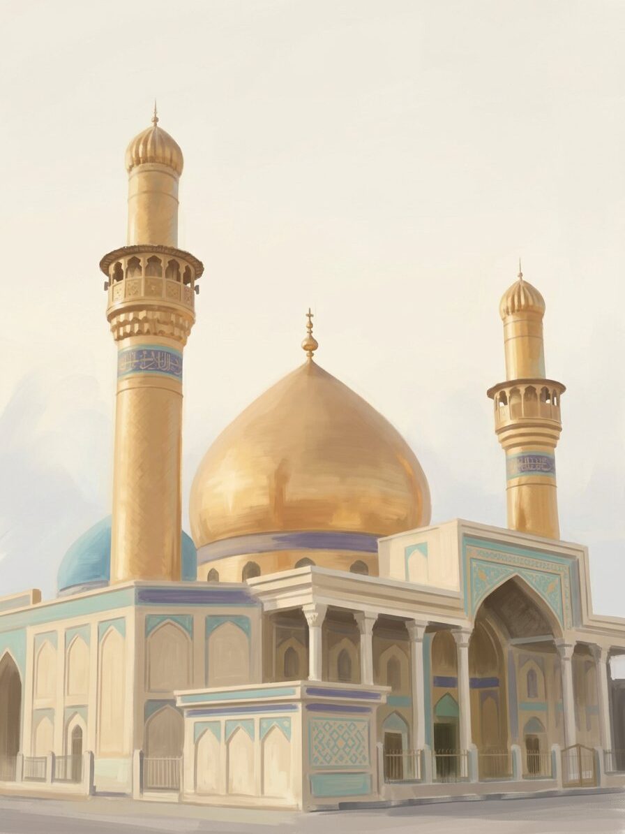 The golden dome and twin golden minarets of the al-Askari Shrine rising into a soft hazy sky