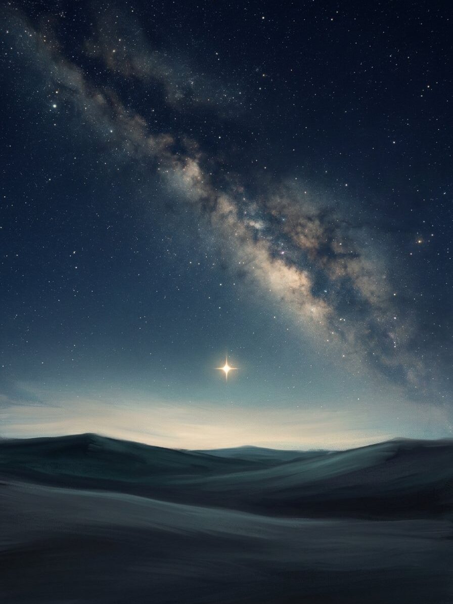 A vast starry night sky above a quiet desert, one bright solitary star low on the horizon